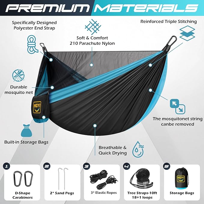 Hammock with Mosquito Net, Black & Blue Nylon, 114 x 57 Inch