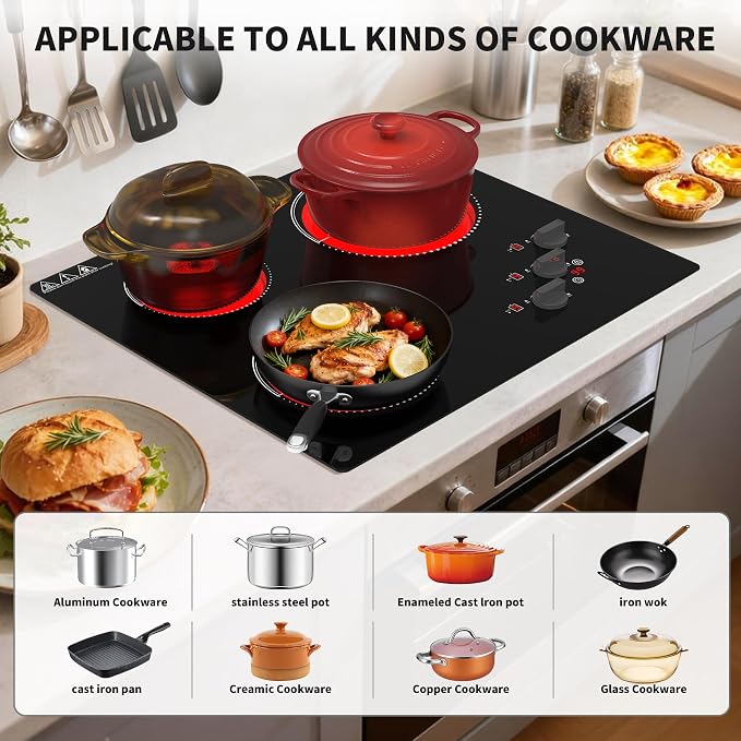 VBGK Electric Cooktop, 24 inch 220V Stove Top, Touch and Knob Control, 9 Power - Image 5
