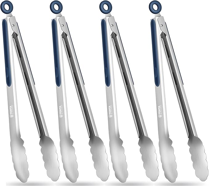 Tongs, 12-Inch Stainless Steel with Locking Ring, Blue