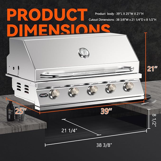 Hygrill 40-Inch Built In Grill, Stainless Steel 5-Burner Grill Head - Image 2