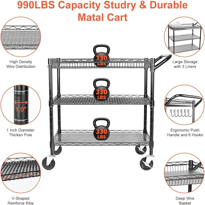 Heavy Duty Utility Cart, 990Lbs Capacity 3 Tier Rolling Carts - Image 4