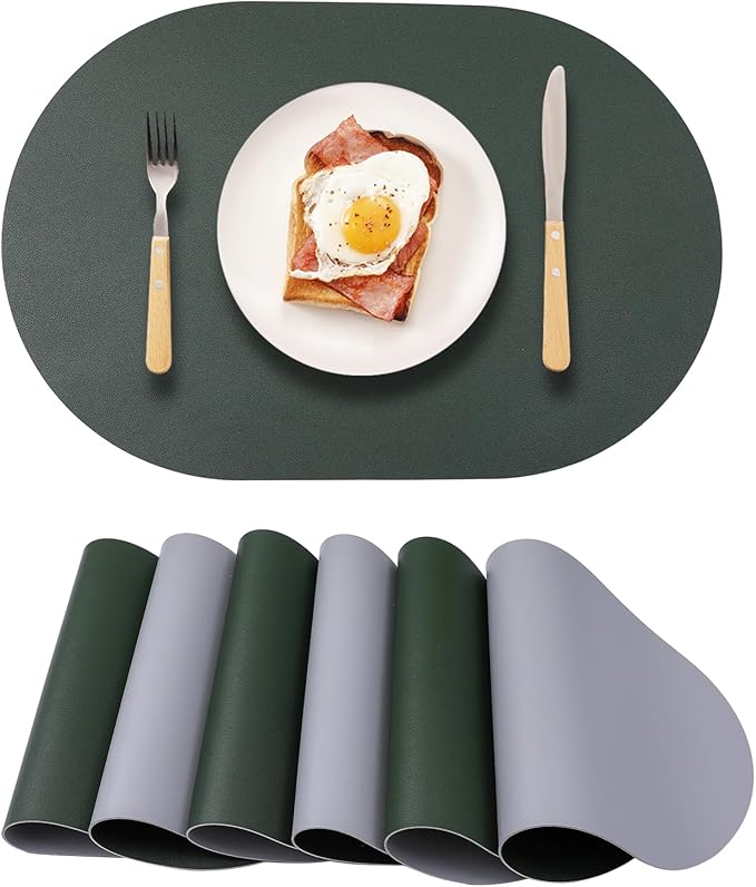 Faux Leather Placemats Set of 6 Oval Reversible Placemat Waterproof Green and by Unknown