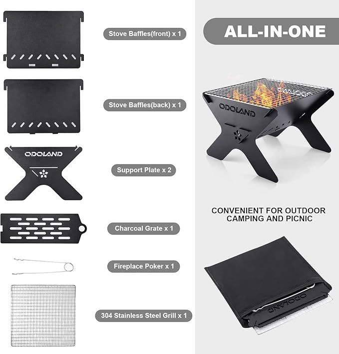 Odoland Camping Campfire Grill, Portable Folding Charcoal Grills, Backpacking - Image 2