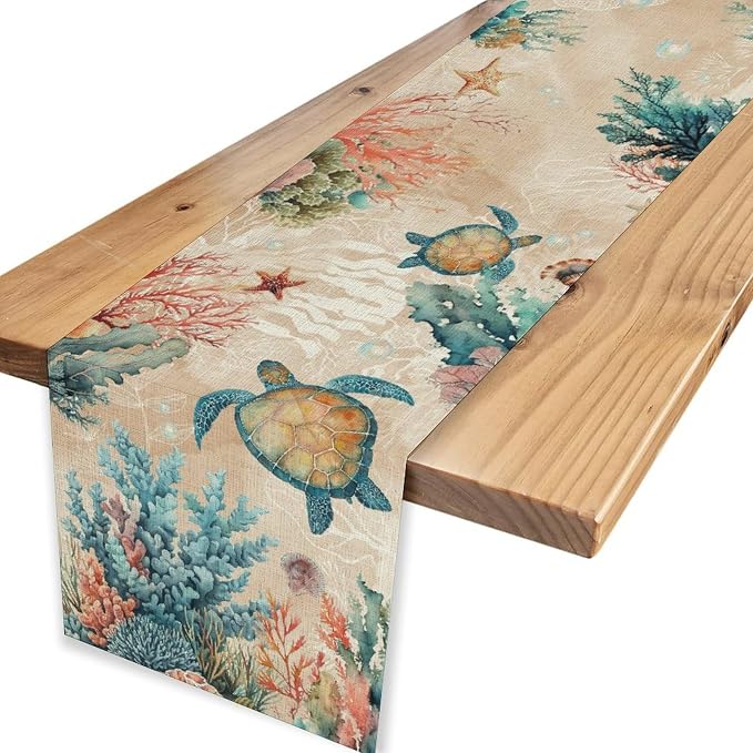 Retro Sea Turtle Table Runner, Nautical Starfish Underwater Coral Seashell - Image 4