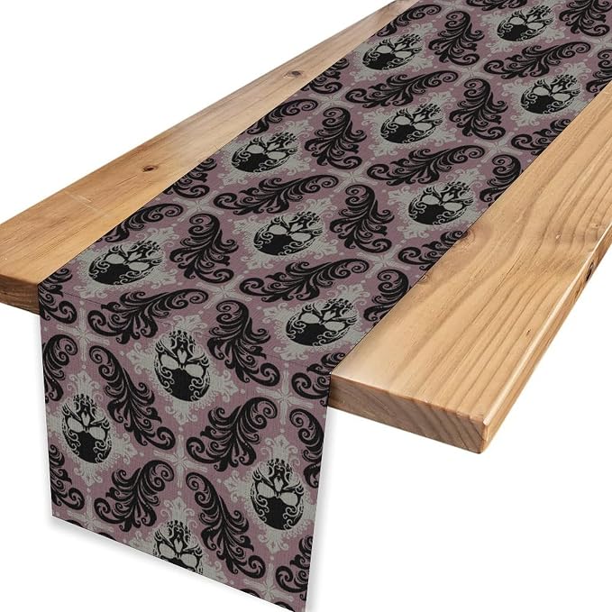 Goth Table Runner, Antique Gothic Damask Skull Baroque Style Floral Halloween - Image 4
