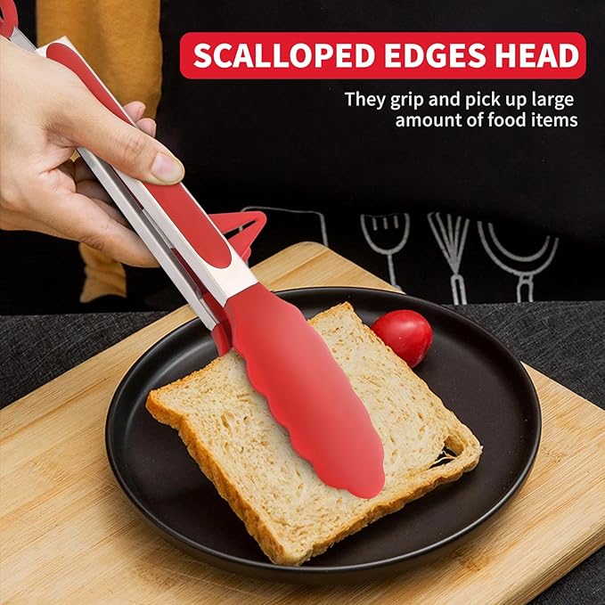 Tongs Set of 3 with Silicone Tips, Red 12-Inch Stainless Steel