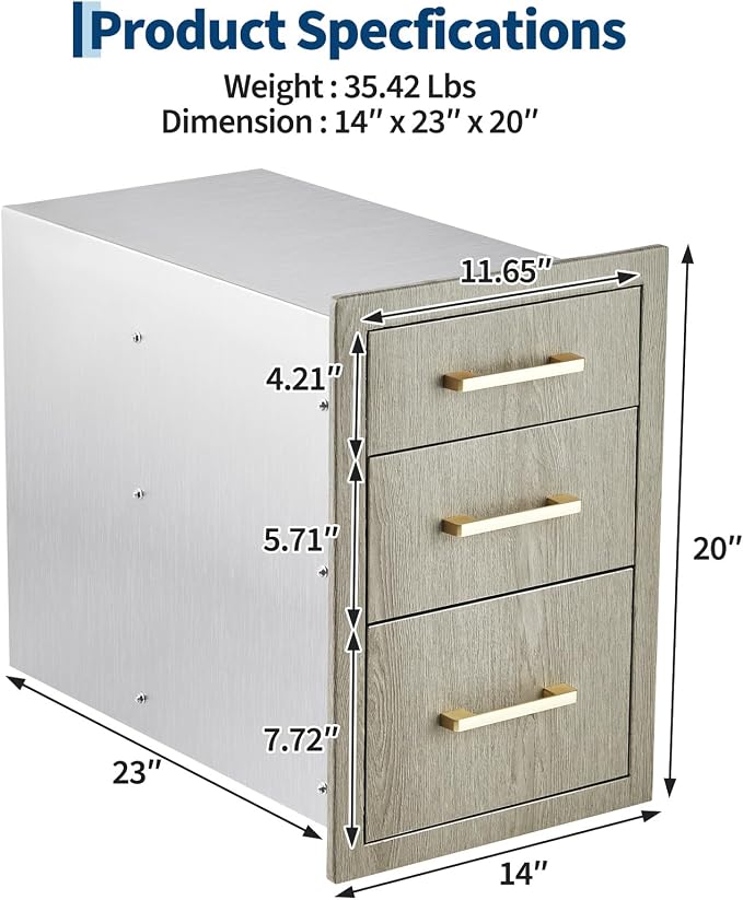 Stainless Steel Outdoor Kitchen Triple Drawers 14" W x 20.3" D x 23" H - Image 3