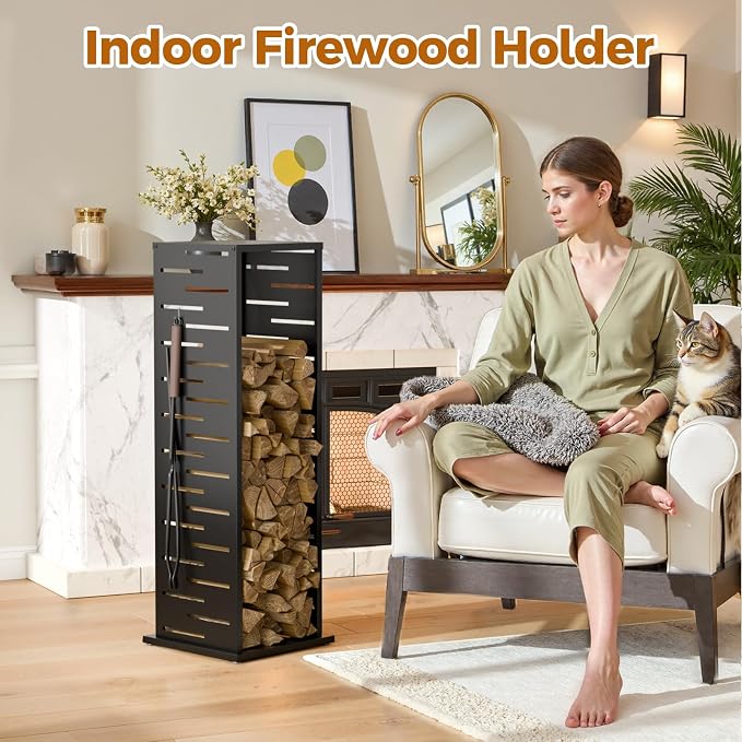 4ft Firewood Rack with Louver Pattern, Fire Wood Rack Log Holder with Hooks - Image 8