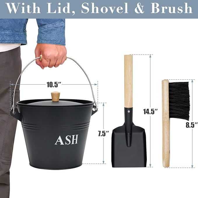 Mini Ash Bucket with Lid, Shovel and Broom, 1.5 Gallon Fireplace Metal Bucket - Image 4