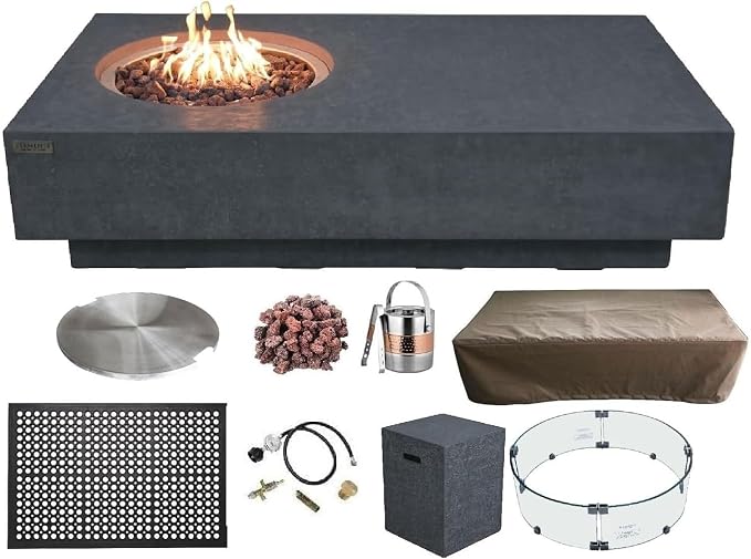 Elementi | Bundle Metropolis Gas Fire Pit Cast Concrete 56" Rectangular Fire by AMSFireplaceInc