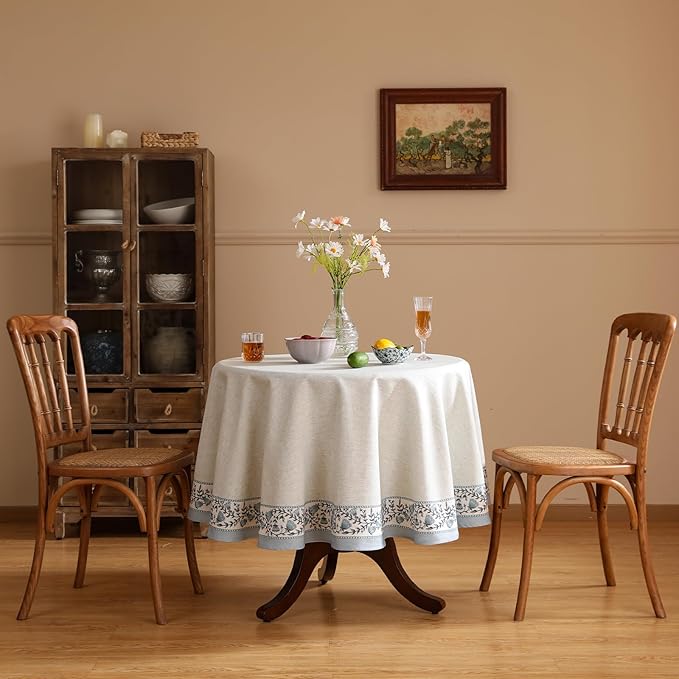 ISAENNE Designer Vintage Linen Elegant Round Tablecloth, Chinoiserie Floral - Image 2