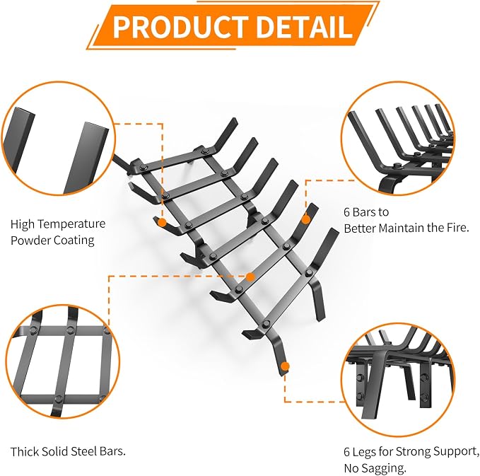 Heavy Duty 24Inch Fireplace Grate, Solid Steel Log Rack - Image 4