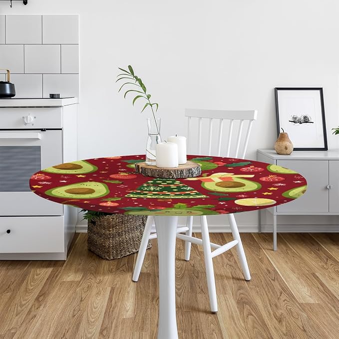 Christmas Tree Avocado Green Round Table Cloth Cover, Elastic Edge Waterproof - Image 6