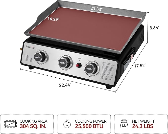 Royal Gourmet PD1301S Portable 3-Burner Tabletop Gas Griddle, 500 BTU Cooking - Image 3