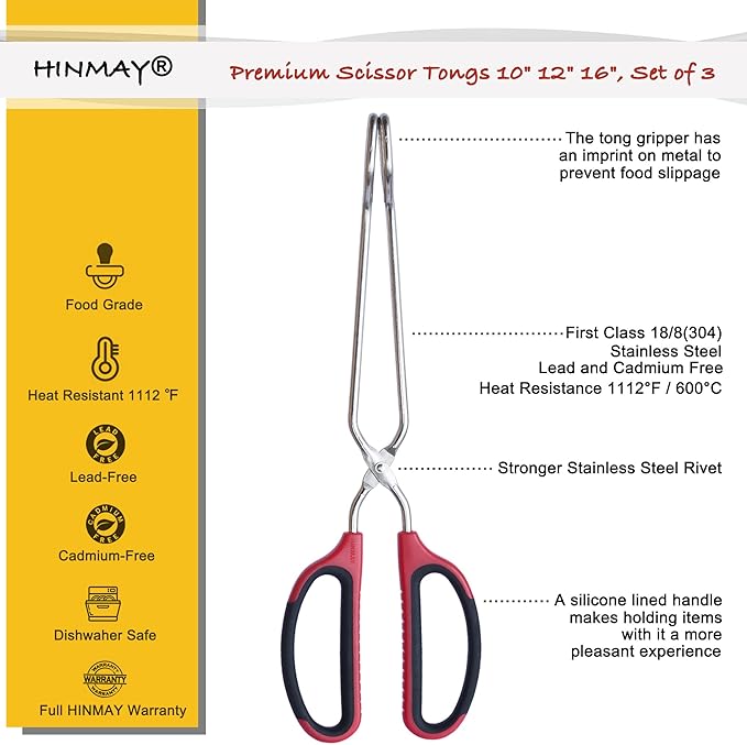 Scissor Tongs 3-Piece Set in 10, 12 and 16 Inch Red Stainless Steel