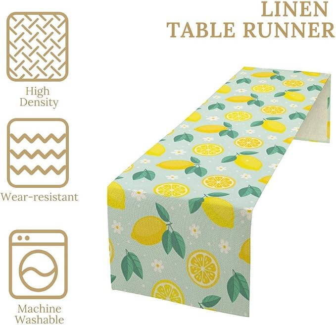 Spring Lemon Table Runner, Summer Seasonal Green Leaves Flowers Yellow Fruit - Image 7