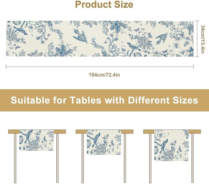 Spring Flower Table Runner, Farmhouse Vintage Blue White Floral Bird Print - Image 8