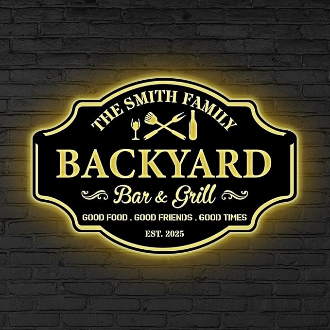 Custom Backyard Bar & Grill LED Sign – Personalized BBQ Sign, 16-Color LED by V-Decorparks