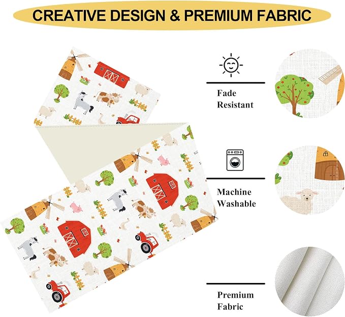 Farm Animals Table Runner, Rustic Farmhouse Cow Pig Rooster Watercolor Coffee - Image 4