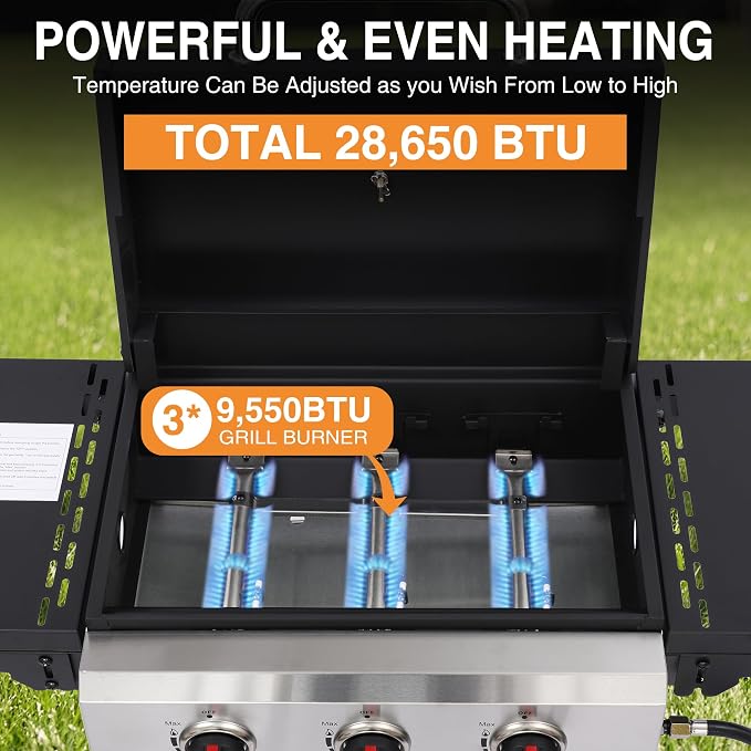 Propane Gas Grill with Folding Side Tables, 3-Burner Gas Grill with Cast Iron - Image 7