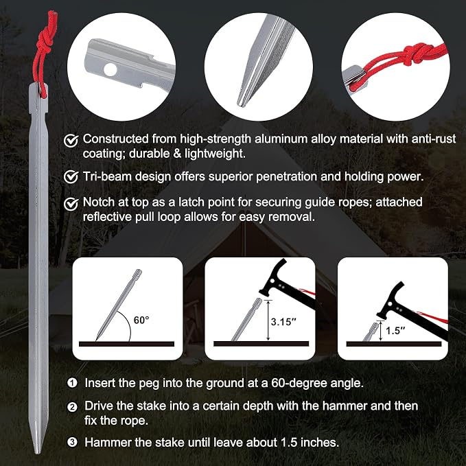 Eurmax USA Hiking Camping Tent Stakes and Hammer Set Lightweight Multi-Function - Image 4
