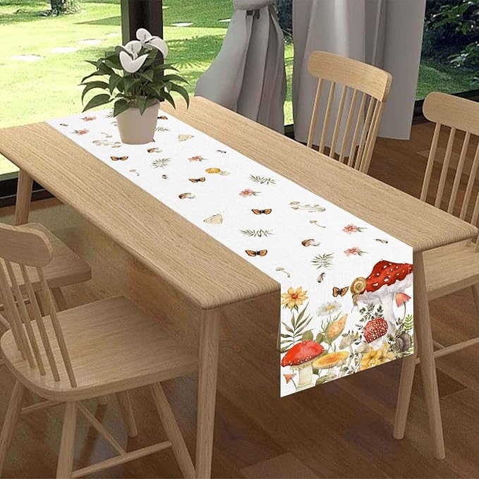 Mushroom Table Runner, Rustic Farmhouse Forest Plants Botanical Wildfloral - Image 2