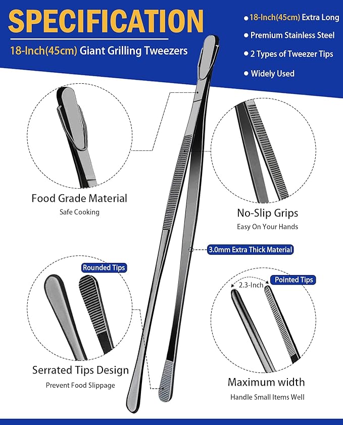 Tongs 18 Inch Stainless Steel Grill Tweezers, Black, 2-Piece Set