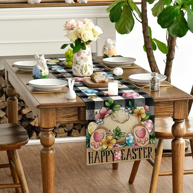 Artoid Mode Buffalo Plaid Bunny Egg Flowers Happy Easter Table Runner, Seasonal - Image 3