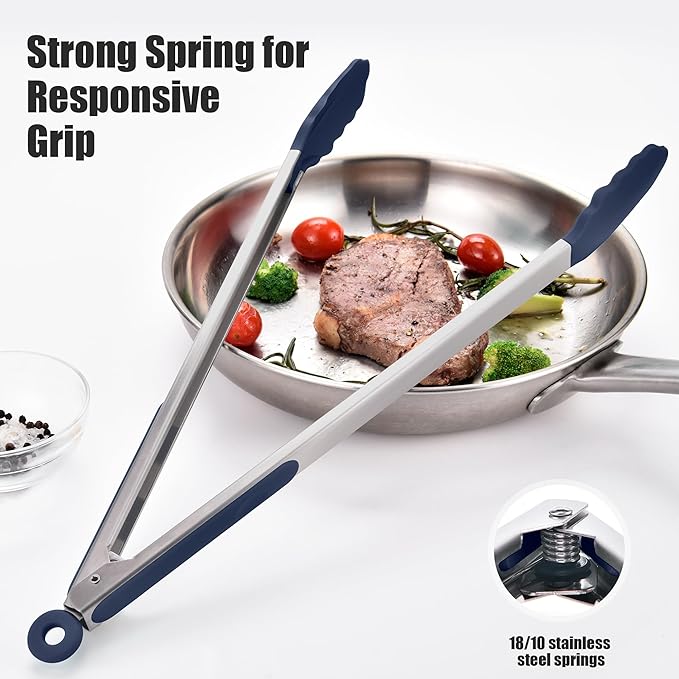 Tongs, 17.2-Inch Navy Blue Stainless Steel with 600°F Silicone Tips