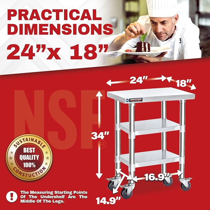 DuraSteel Stainless Steel Work Table 24" x 18" x 34" Height w/ 4 Caster Wheels - Image 2
