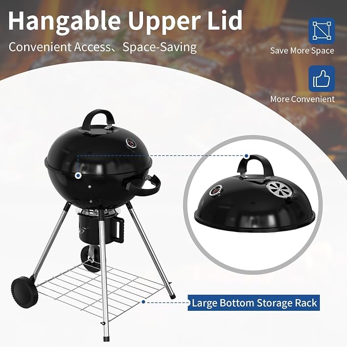 18.5-Inch Portable Charcoal Grill, Heavy Duty Kettle BBQ Smoker - Image 7