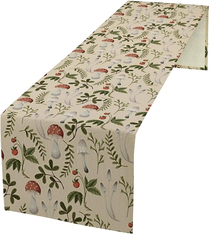Mushroom Table Runner, Vintage Rustic Boho Botanical Plant Print Tablerunner by Unknown