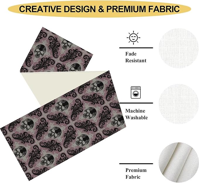 Goth Table Runner, Antique Gothic Damask Skull Baroque Style Floral Halloween - Image 5