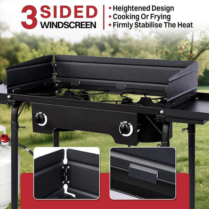 2 Burner Propane Camp Stove | 150, 000 BTU Gas Burners | Side Shelves | - Image 3