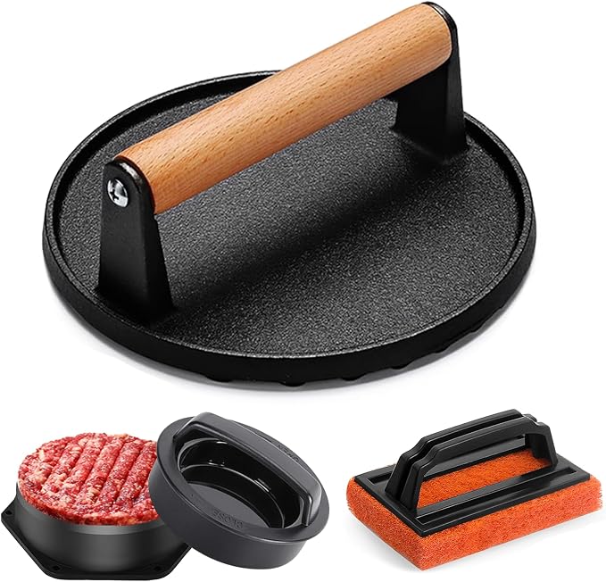 Smash Burger Press kit, Heavy-Duty Cast Iron Round Grill Bacon Press by GrillianceBBQSET