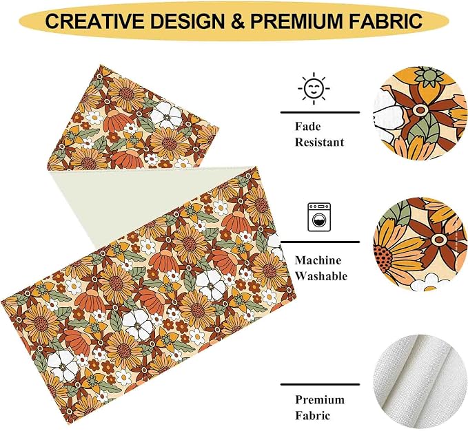 70s Floral Table Runner, Retro Groovy Hippie Oange Floral Funky Daisy Trippy - Image 5