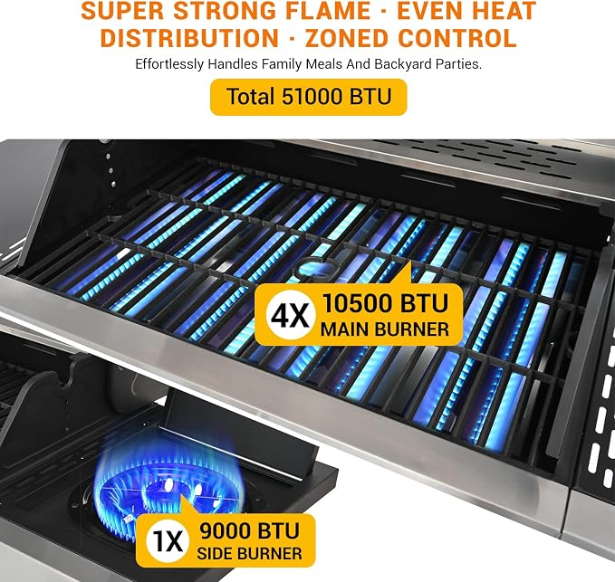 Upgraded 51, 000 BTU Stainless Steel Burner Barbecue Grill, 4 Burner BBQ - Image 5