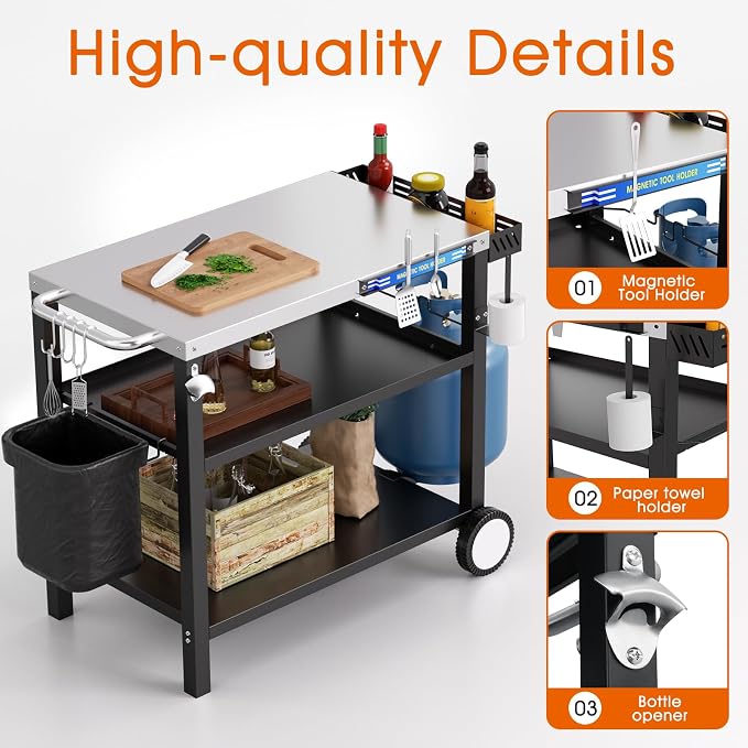 34" L x 20" W Stainless Steel Outdoor Grill Table, Grill Cart - Image 3