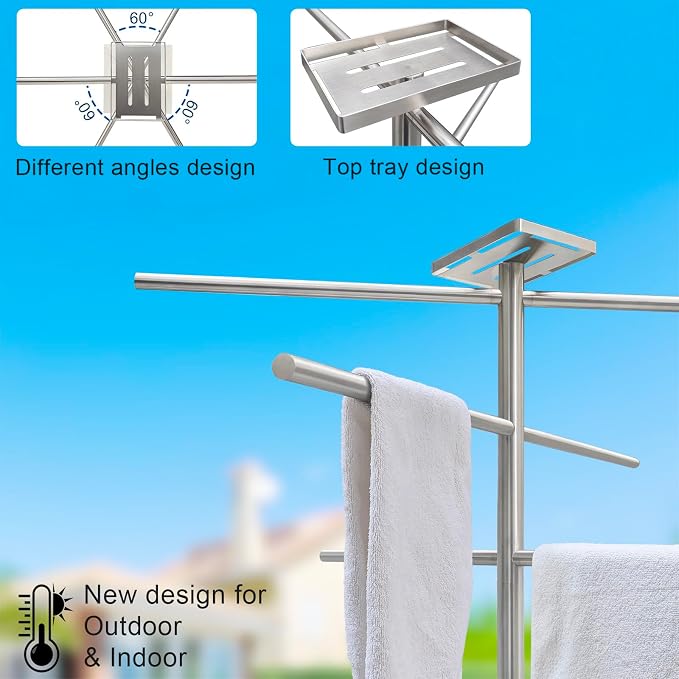 Marble Base Hot Tub Towel Rack for Spa, 304 Stainless Steel 6 Arms Standing - Image 3
