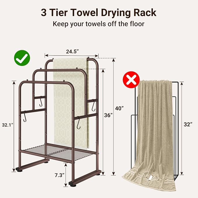 ELYKEN 40'' Tall Standing Towel Racks, 3 Tier Towel Drying Rack Outdoor - Image 3