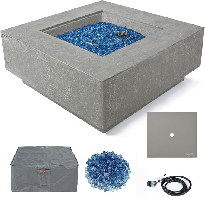 Elementi+ | Victoria Gas Fire Pit Cast Concrete 40" Square Fire Table, Outdoor by AMSFireplaceInc