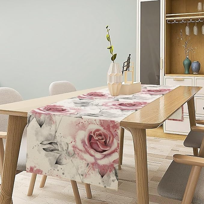 Pink Rose Floral Table Runner, Abstract Watercolor Flower Pattern Modern - Image 3
