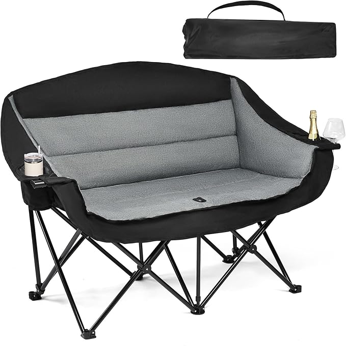 Camping Chair Loveseat for Two in Black and Grey with Metal Frame