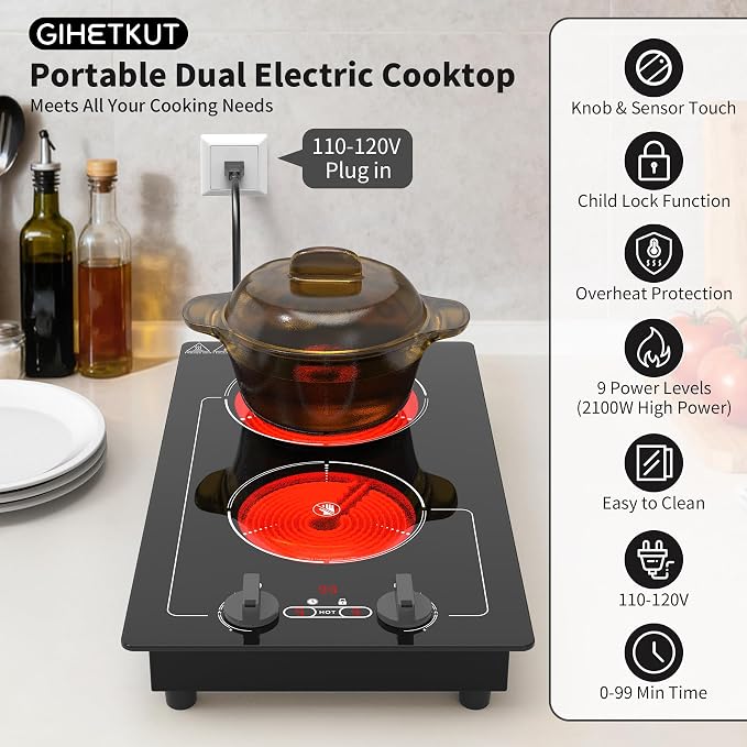 Electric Cooktop, 110V 2100W Stove top, 9 Power Levels, Kids Lock & Timer - Image 2