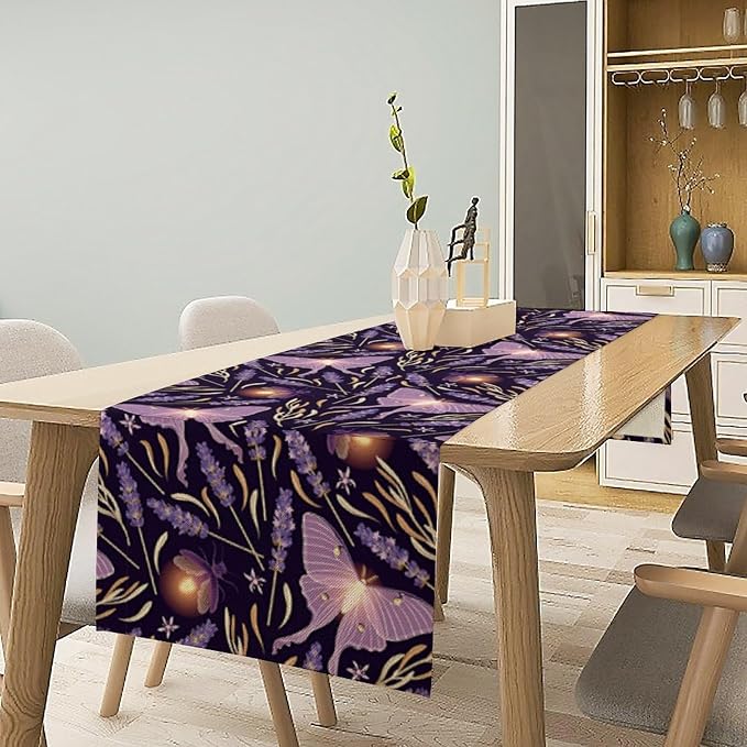 Purple Moth Table Runner, Retro Butterfly Flower Print Table Runner - Image 3