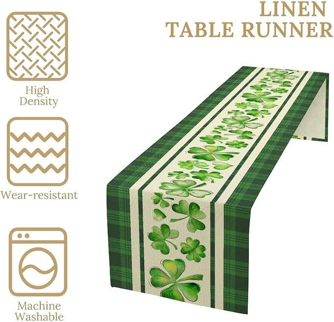 St.Patrick's Day Table Runner, Vinatge Rustic Green Buffalo Plaid White - Image 4