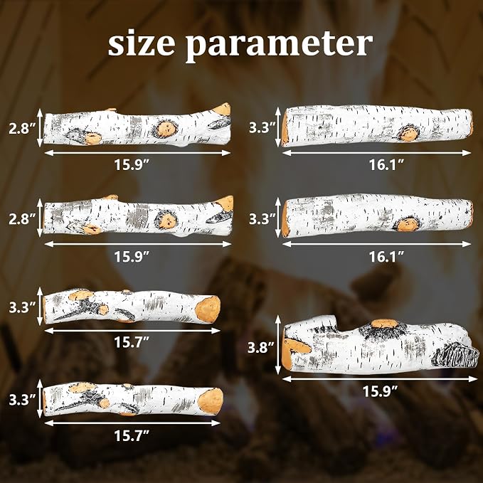 Gas Fireplace Logs, Birch Logs 7pcs Fake Fireplace Insert, Faux Ceramic White - Image 4