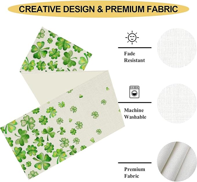 St.Patrick's Day Table Runner, Rustic Green Clover Seasonal Leaves White Green - Image 5