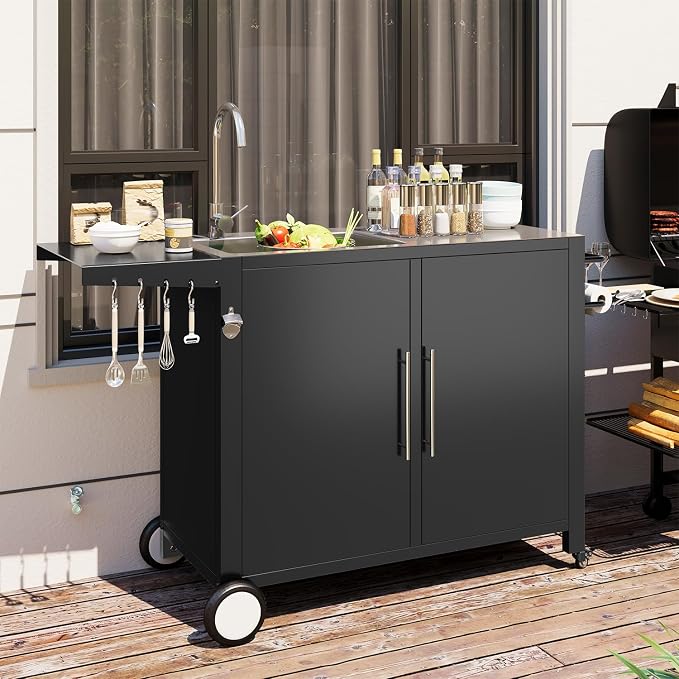 Grill Table with Sink, Outdoor Stainless Steel Kitchen Island Cabinets Sink - Image 7