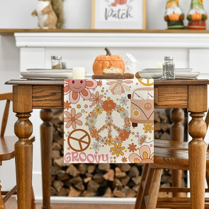 Artoid Mode Daisy Flower Peace and Love Table Runner, Wreath Float Groovy - Image 2